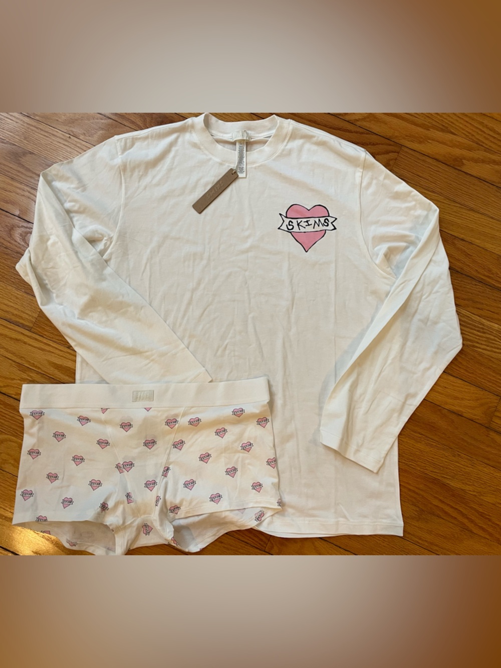 SKIMS White Long Sleeve Tee & Pink Heart Print Boxer Shorts Set